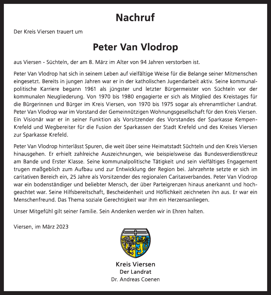  Traueranzeige für Peter Van Vlodrop vom 18.03.2023 aus Rheinische Post