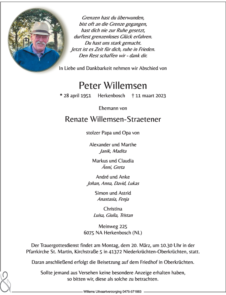  Traueranzeige für Peter Willemsen vom 18.03.2023 aus Rheinische Post