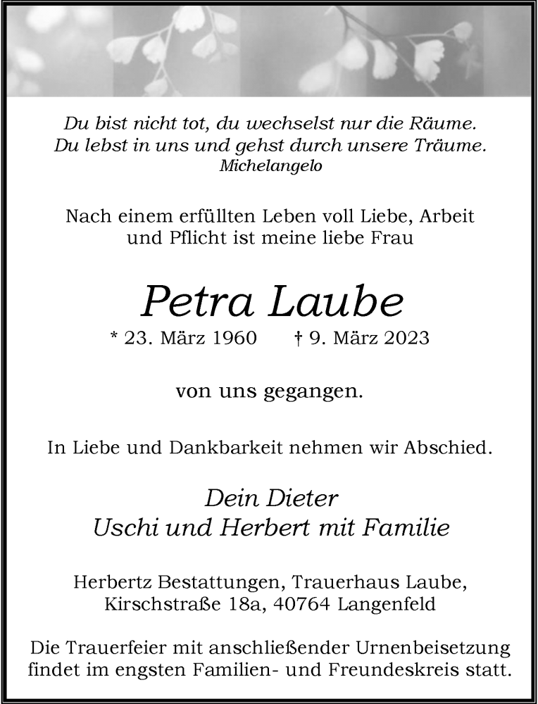  Traueranzeige für Petra Laube vom 18.03.2023 aus Rheinische Post