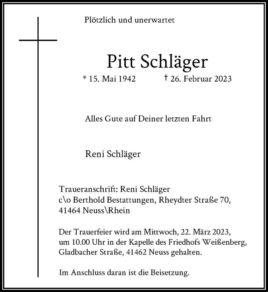  Traueranzeige für Pitt Schläger vom 18.03.2023 aus Rheinische Post