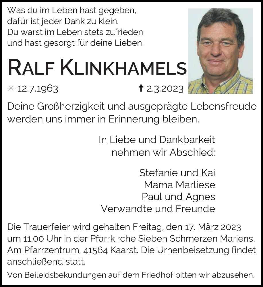  Traueranzeige für Ralf Klinkhamels vom 11.03.2023 aus Rheinische Post