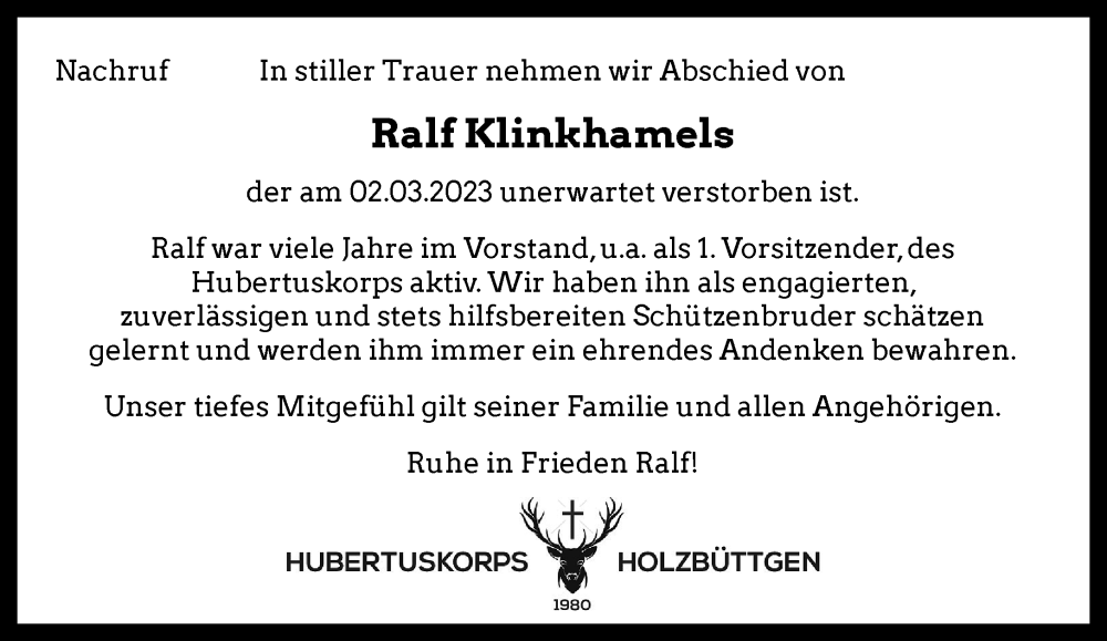  Traueranzeige für Ralf Klinkhamels vom 17.03.2023 aus Rheinische Post