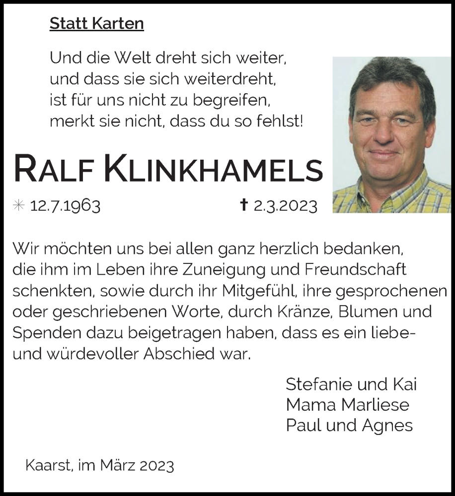  Traueranzeige für Ralf Klinkhamels vom 01.04.2023 aus Rheinische Post