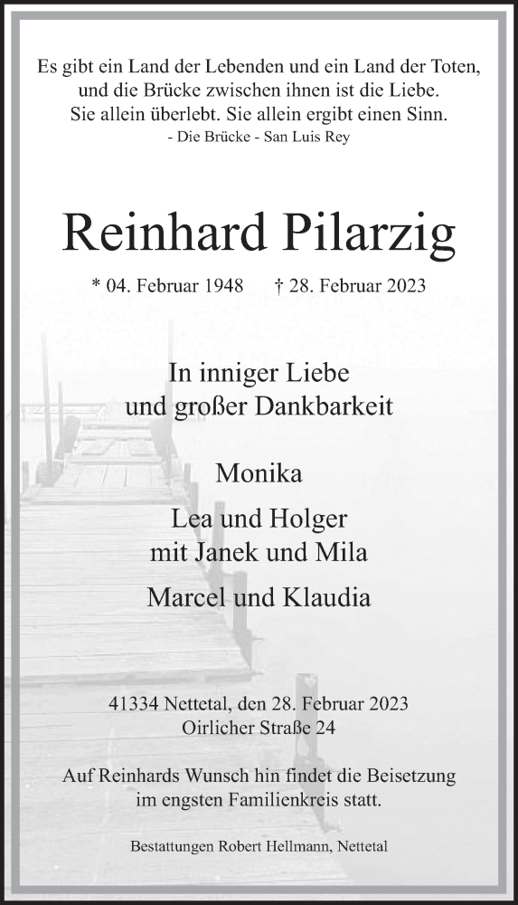  Traueranzeige für Reinhard Pilarzig vom 04.03.2023 aus Rheinische Post