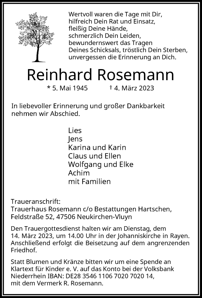  Traueranzeige für Reinhard Rosemann vom 09.03.2023 aus Rheinische Post