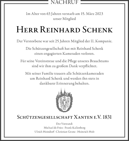 Traueranzeige von Reinhard Schenk von Rheinische Post