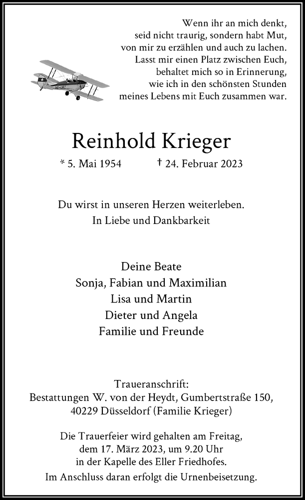  Traueranzeige für Reinhold Krieger vom 11.03.2023 aus Rheinische Post