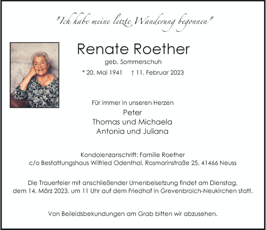Traueranzeige von Renate Roether von Rheinische Post