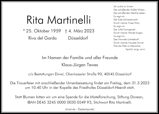 Traueranzeige von Rita Martinelli von Rheinische Post