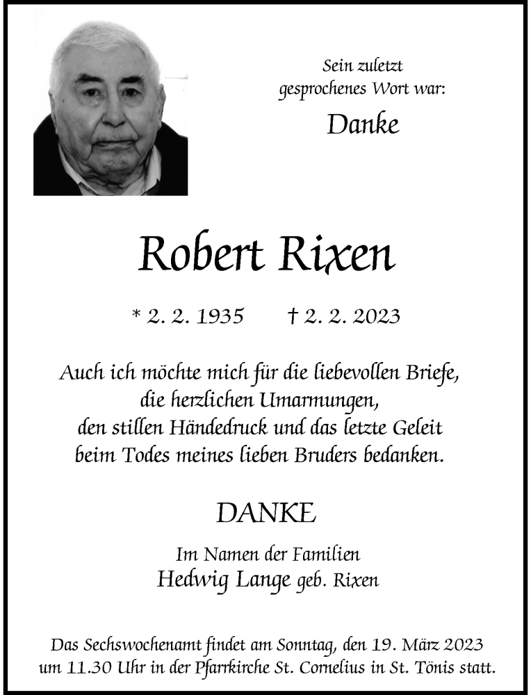  Traueranzeige für Robert Rixen vom 04.03.2023 aus Rheinische Post