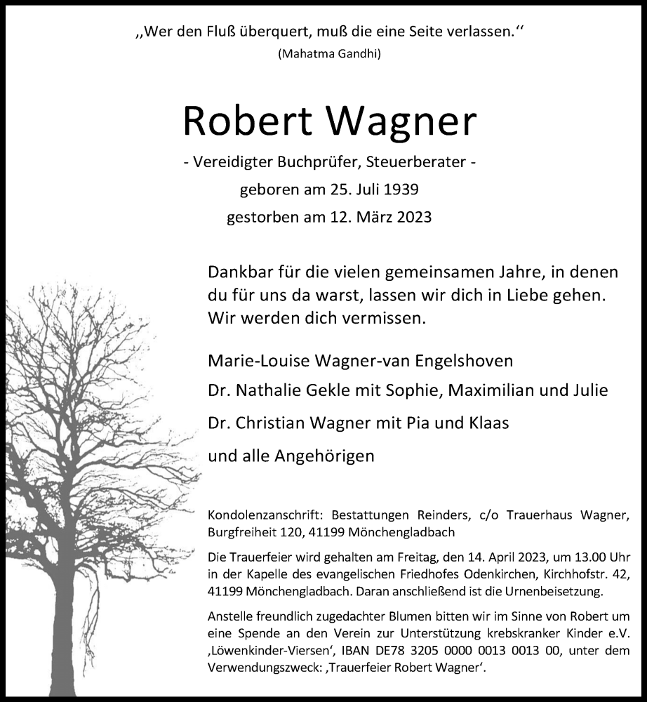  Traueranzeige für Robert Wagner vom 25.03.2023 aus Rheinische Post