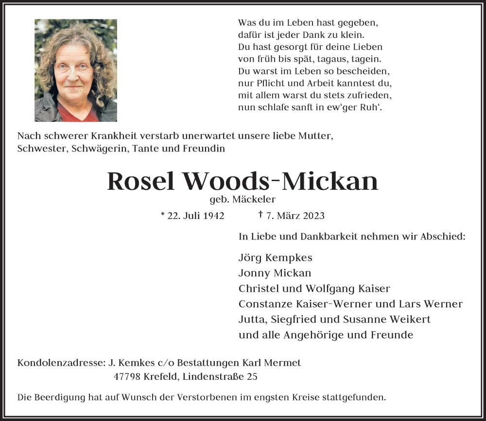  Traueranzeige für Rosel Woods-Mickan vom 18.03.2023 aus Rheinische Post