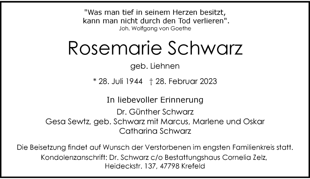  Traueranzeige für Rosemarie Schwarz vom 11.03.2023 aus Rheinische Post