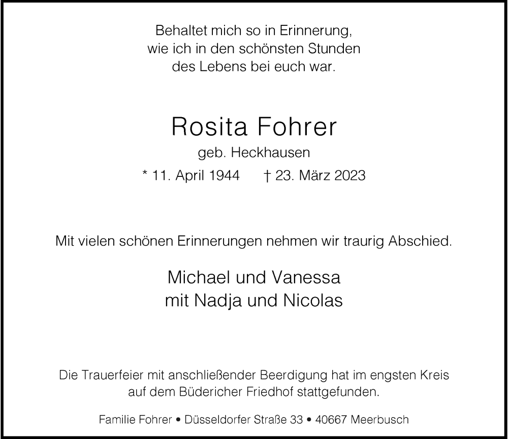  Traueranzeige für Rosita Fohrer vom 01.04.2023 aus Rheinische Post