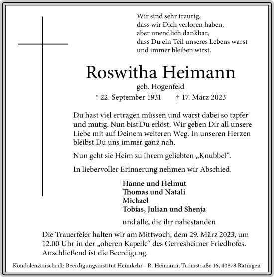 Traueranzeige von Roswitha Heimann von Rheinische Post