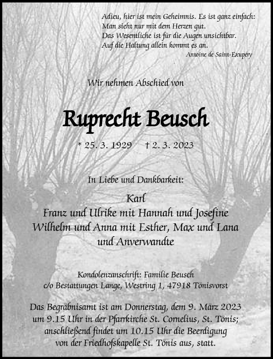 Traueranzeige von Ruprecht Beusch von Rheinische Post