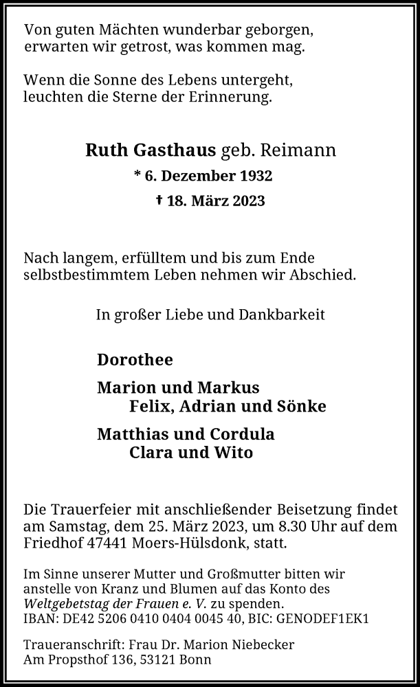  Traueranzeige für Ruth Gasthaus vom 23.03.2023 aus Rheinische Post