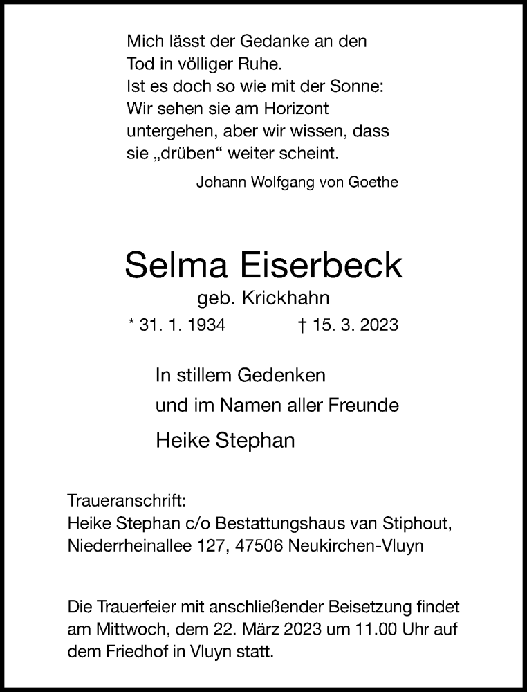  Traueranzeige für Selma Eiserbeck vom 18.03.2023 aus Rheinische Post
