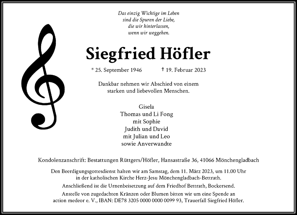  Traueranzeige für Siegfried Höfler vom 04.03.2023 aus Rheinische Post