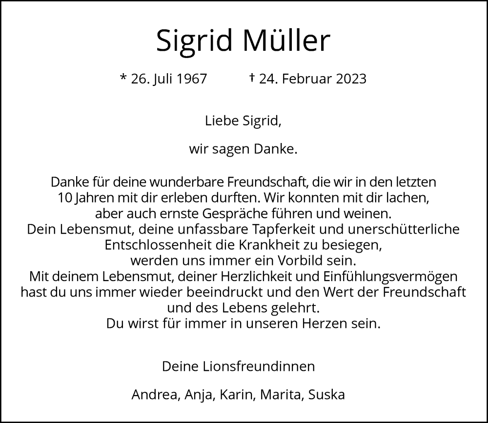  Traueranzeige für Sigrid Müller vom 11.03.2023 aus Rheinische Post