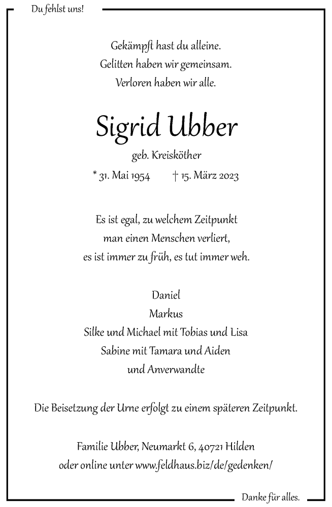  Traueranzeige für Sigrid Ubber vom 25.03.2023 aus Rheinische Post