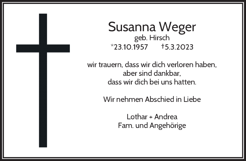  Traueranzeige für Susanna Weger vom 15.03.2023 aus Rheinische Post