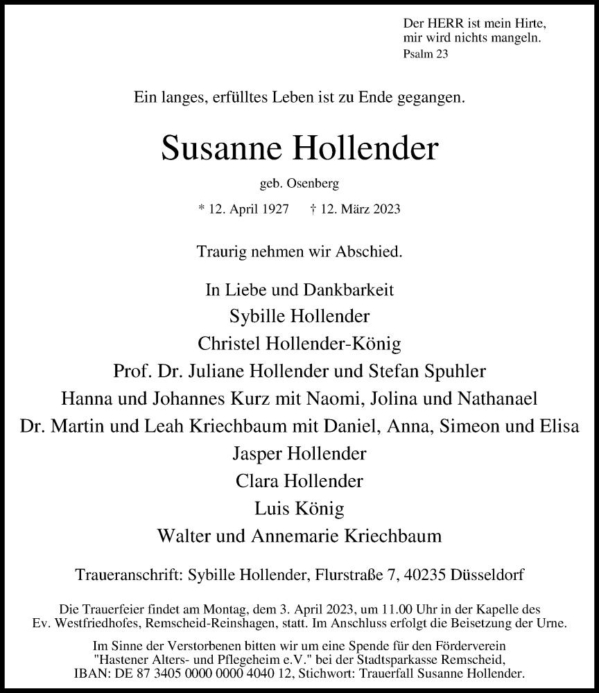  Traueranzeige für Susanne Hollender vom 25.03.2023 aus Rheinische Post