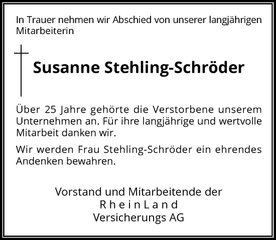 Traueranzeige von Susanne Stehling-Schröder von Rheinische Post