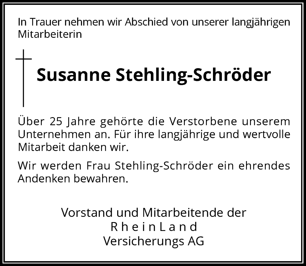  Traueranzeige für Susanne Stehling-Schröder vom 25.03.2023 aus Rheinische Post