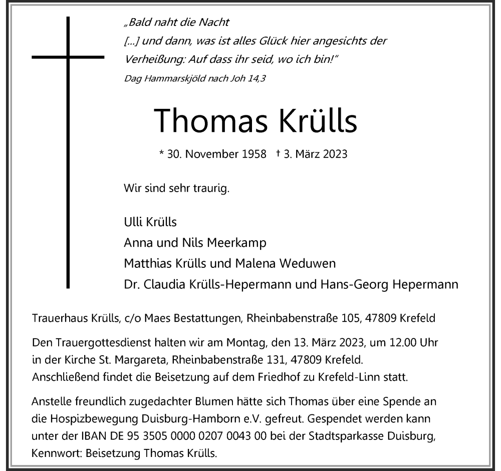  Traueranzeige für Thomas Krülls vom 11.03.2023 aus Rheinische Post