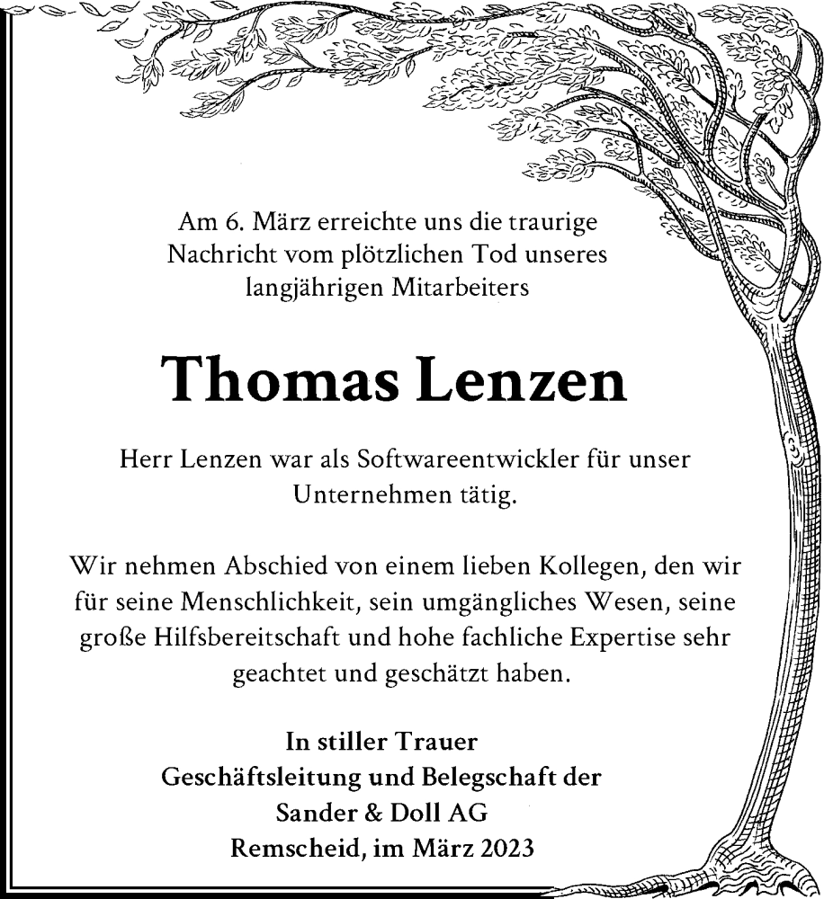  Traueranzeige für Thomas Lenzen vom 25.03.2023 aus Rheinische Post