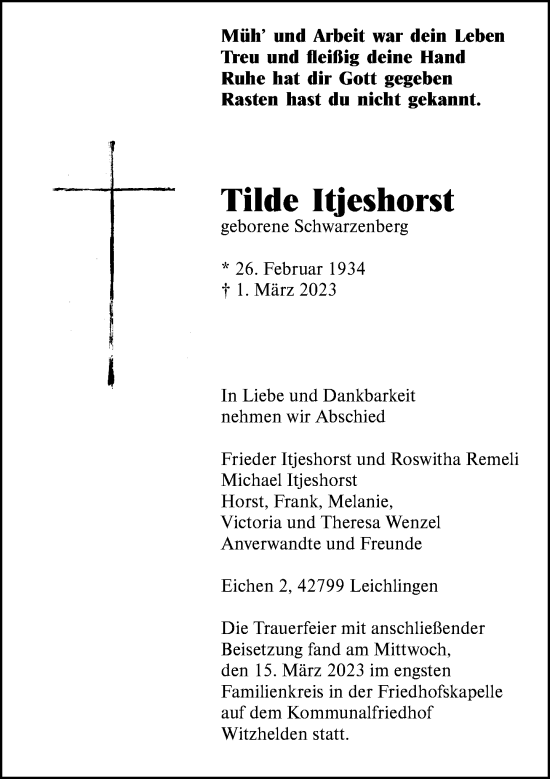 Traueranzeige von Tilde Itjeshorst von Rheinische Post