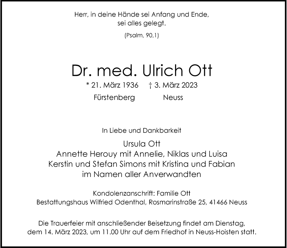  Traueranzeige für Ulrich Ott vom 11.03.2023 aus Rheinische Post