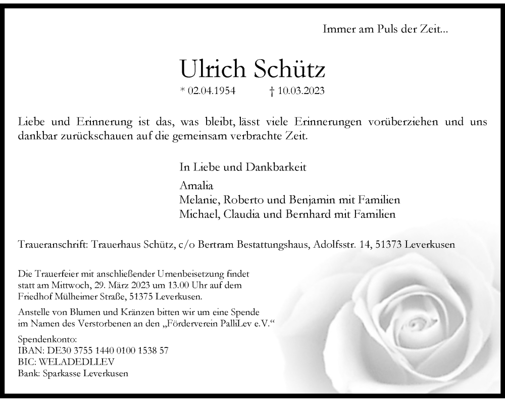  Traueranzeige für Ulrich Schütz vom 18.03.2023 aus Rheinische Post