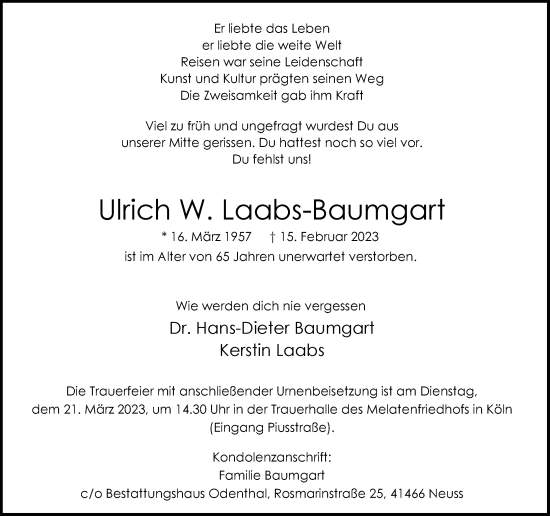 Traueranzeige von Ulrich W. Laabs-Baumgart von Rheinische Post