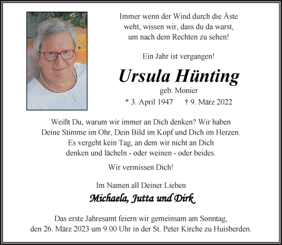 Traueranzeige von Ursula Hünting von Rheinische Post