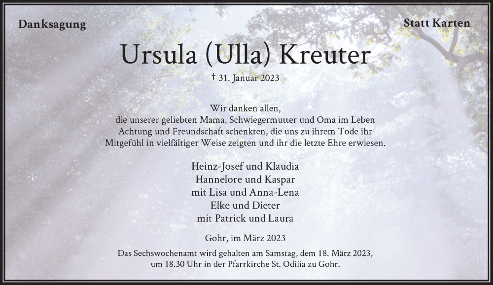  Traueranzeige für Ursula  Kreuter vom 11.03.2023 aus Rheinische Post