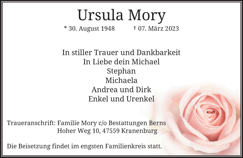  Traueranzeige für Ursula Mory vom 11.03.2023 aus Rheinische Post