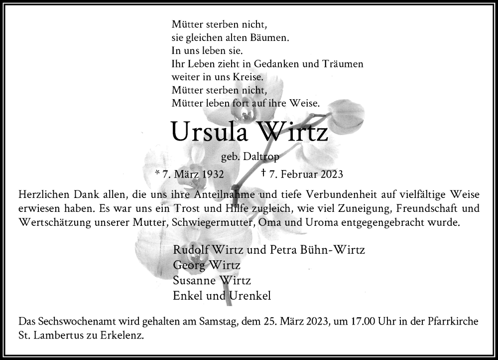  Traueranzeige für Ursula Wirtz vom 18.03.2023 aus Rheinische Post