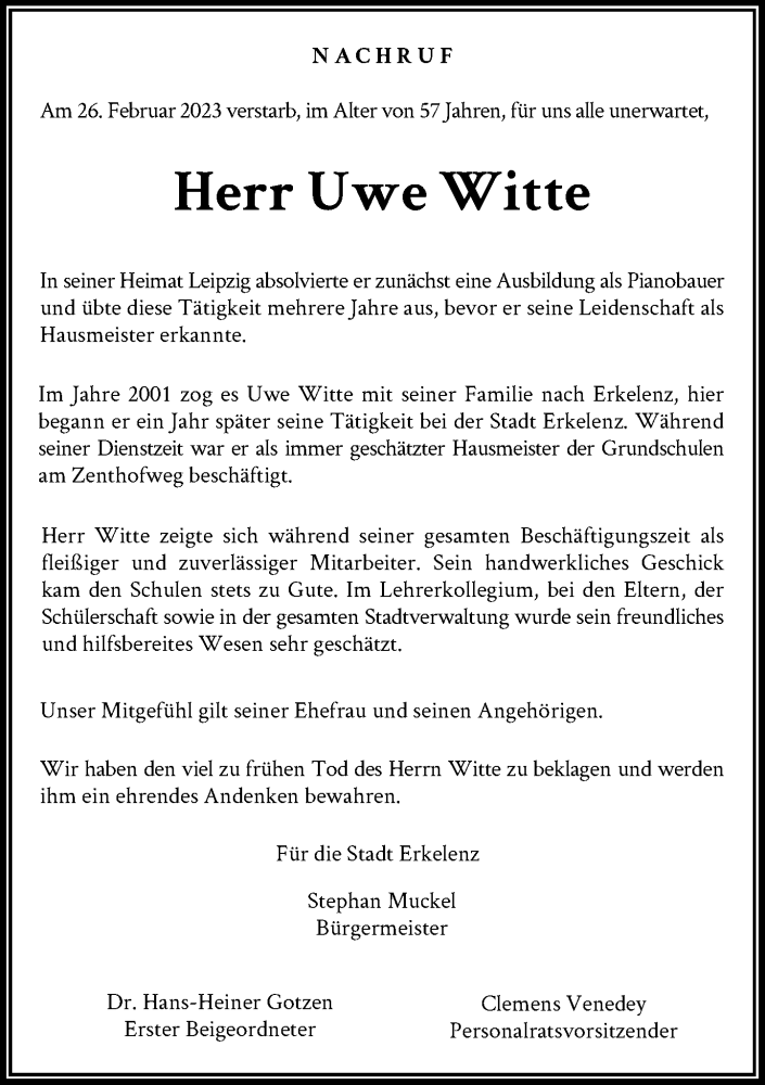  Traueranzeige für Uwe Witte vom 11.03.2023 aus Rheinische Post