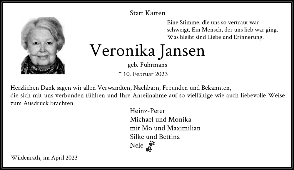 Traueranzeige für Veronika Jansen vom 01.04.2023 aus Rheinische Post