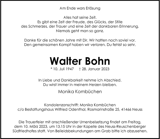 Traueranzeige von Walter Bohn von Rheinische Post
