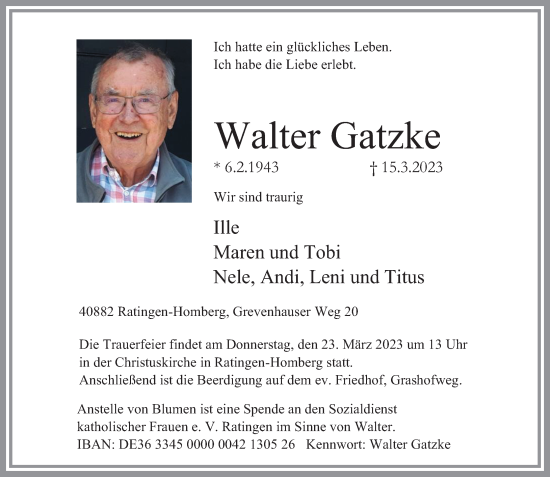 Traueranzeige von Walter Gatzke von Rheinische Post