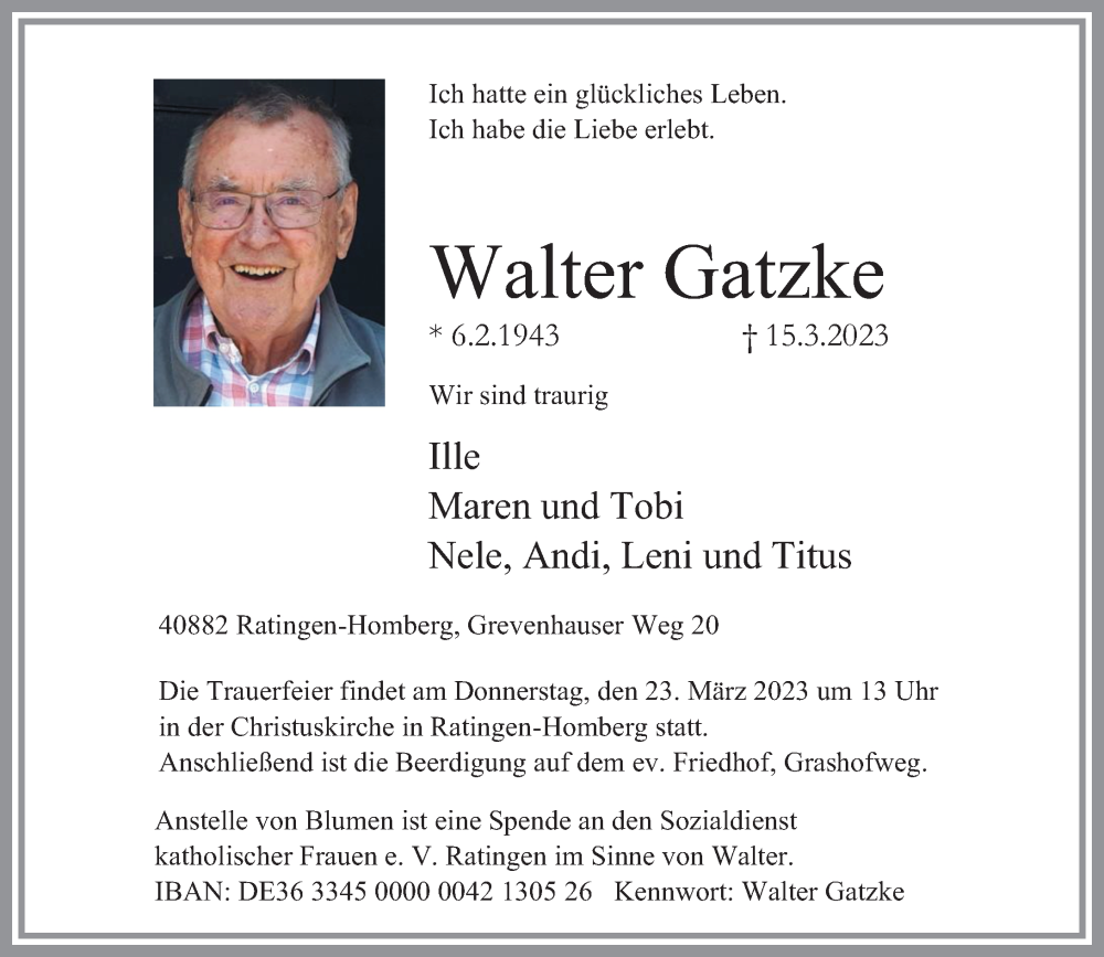  Traueranzeige für Walter Gatzke vom 20.03.2023 aus Rheinische Post