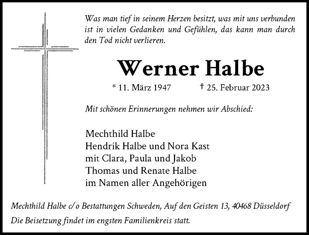  Traueranzeige für Werner Halbe vom 15.03.2023 aus Rheinische Post