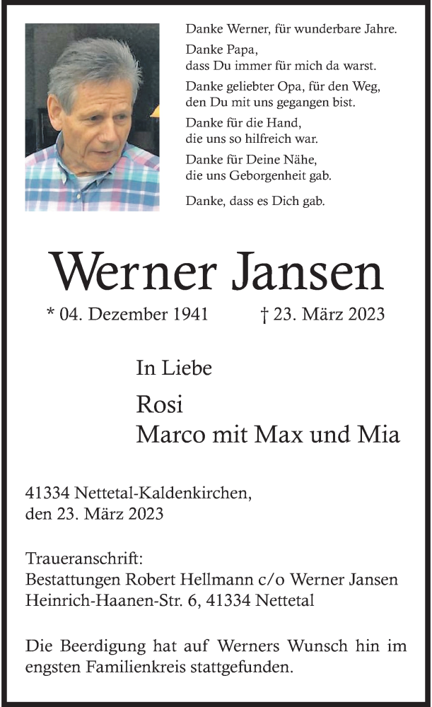  Traueranzeige für Werner Jansen vom 01.04.2023 aus Rheinische Post