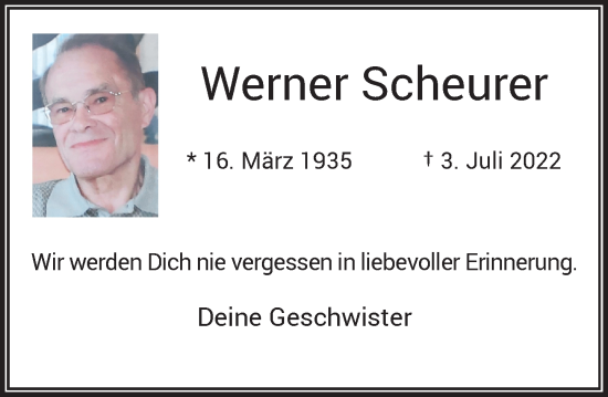 Traueranzeige von Werner Scheurer von Rheinische Post