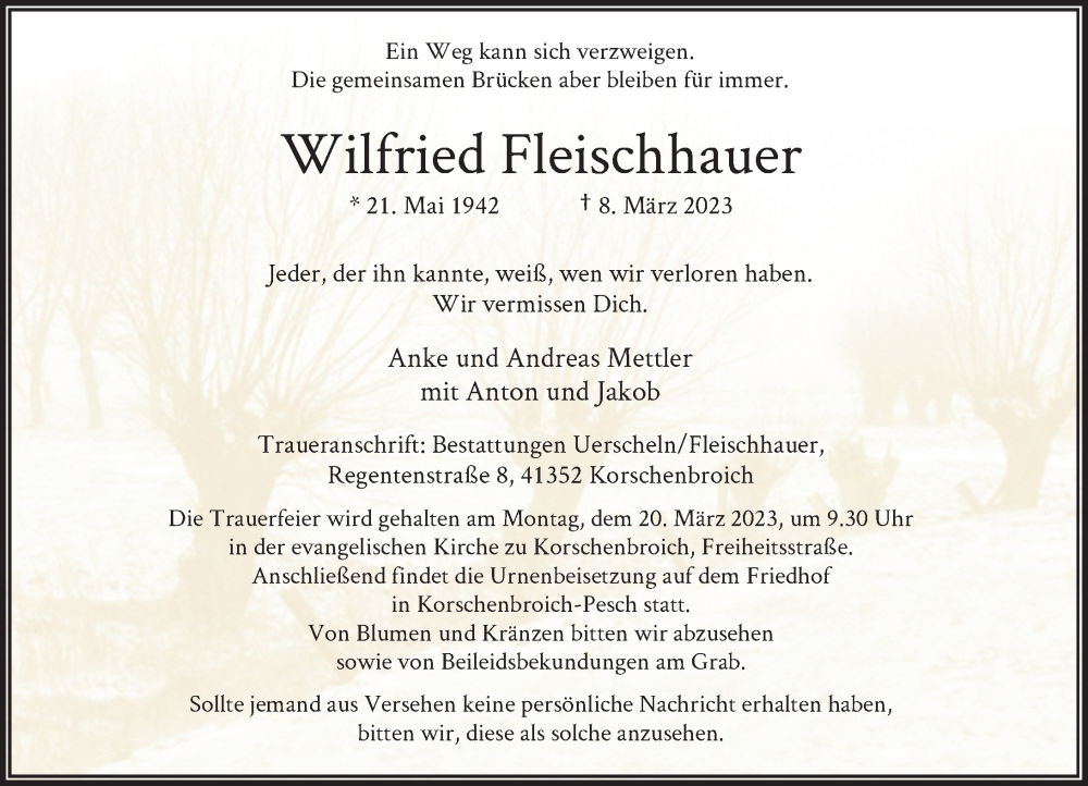  Traueranzeige für Wilfried Fleischhauer vom 18.03.2023 aus Rheinische Post