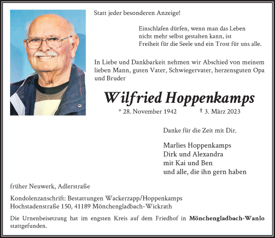 Traueranzeige von Wilfried Hoppenkamps von Rheinische Post