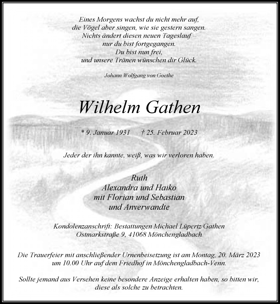  Traueranzeige für Wilhelm Gathen vom 11.03.2023 aus Rheinische Post
